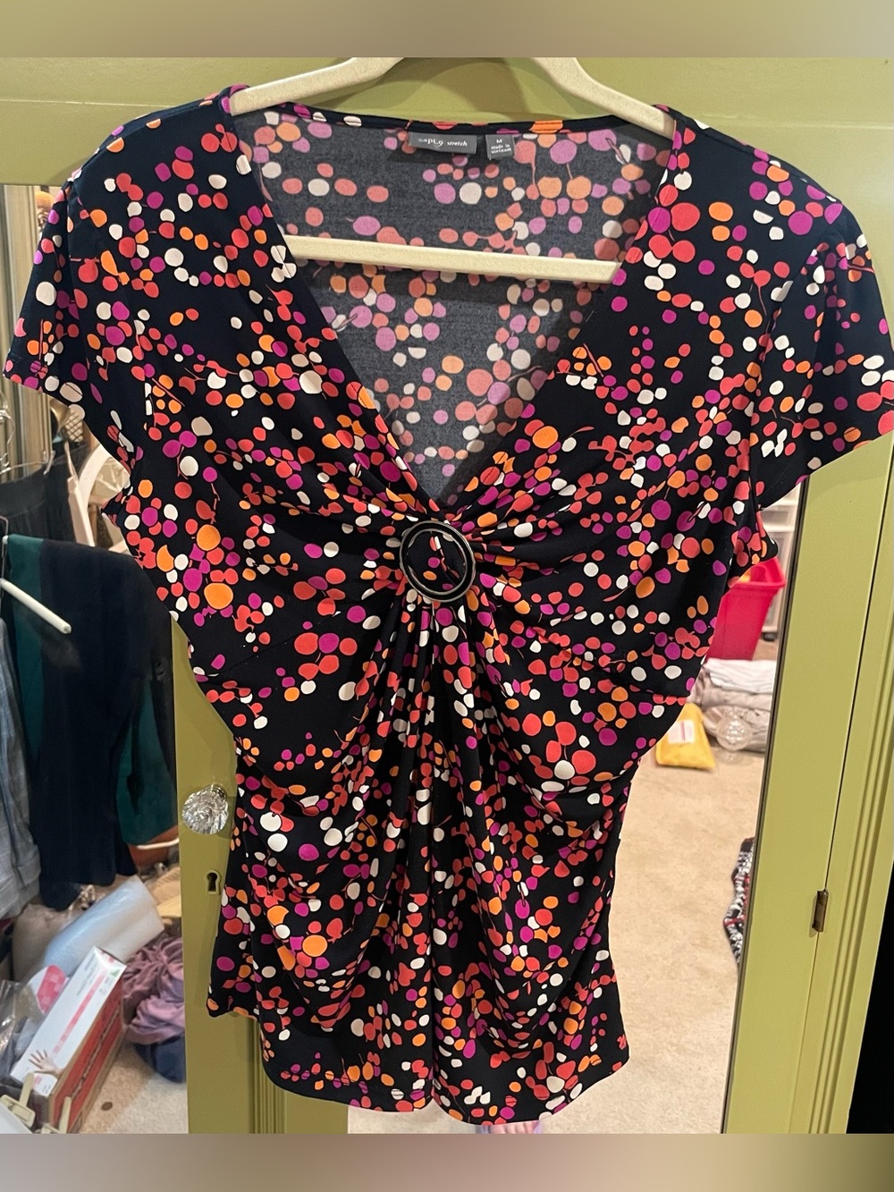 Apt. 9 Black V-Neck Dot-Print Top with Front Ring